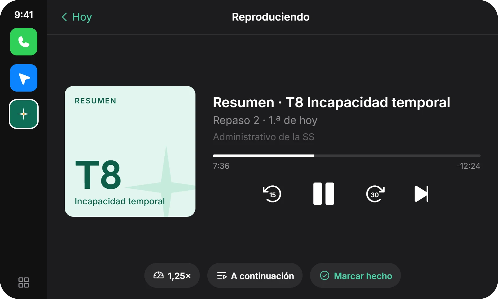 Pantalla de CarPlay reproduciendo el resumen del tema 8 de Cinosura