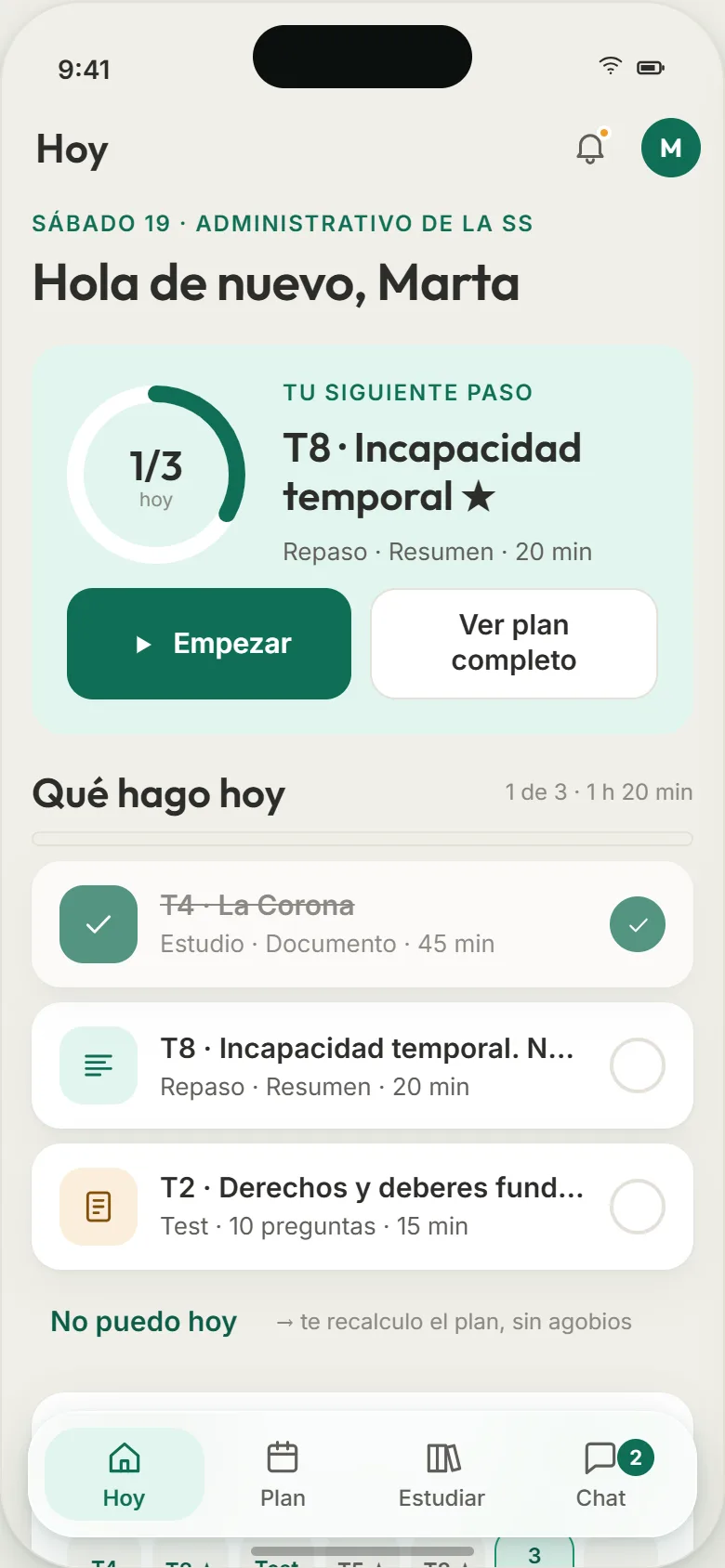 Pantalla Hoy de la app Cinosura con el plan del día